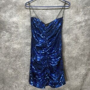 ZARA Sequin Ruched Strappy Mini Dress Size M Blue Sparkle Party Clubwear NWT